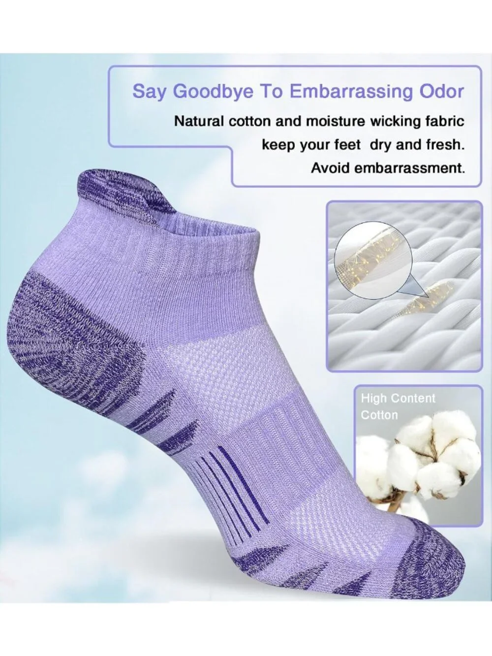 Cushioned Athletic Running Socks for Women, 5 Pairs, Ankle Length, Anti-Blister